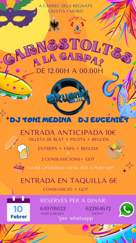 El pròxim 10 de febrer, celebra el Carnestoltes a l’estil festiu i gastronòmic al Carpa del Riu Algar