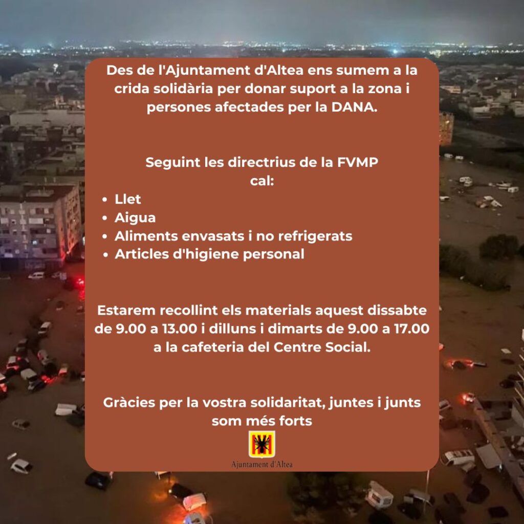 Habilitat punt de recollida de materials per a persones afectades per la DANA a Altea Habilitat punt de recollida de materials per a persones afectades per la DANA a Altea