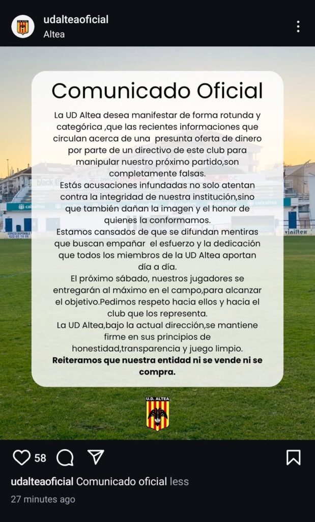 La UD Altea desmenteix rotundament les acusacions de compra de partits