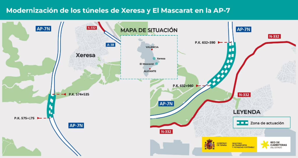 El Ministeri adjudica per 8,85 milions d’euros les obres de modernització dels túnels de Xeresa i El Mascarat de l’AP-7
