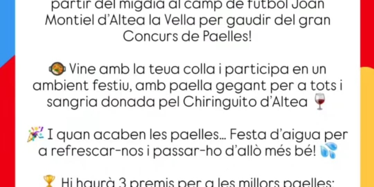 Altea la Vella enceta les Festes de Santa Anna 2025 amb un Concurs de Paelles. Participa amb 300€ en premis i paella gegant per a totes el pròxim diumenge Altea la Vella enceta les Festes de Santa Anna 2025 amb un Concurs de Paelles. Participa amb 300€ en premis i paella gegant per a totes el pròxim diumenge