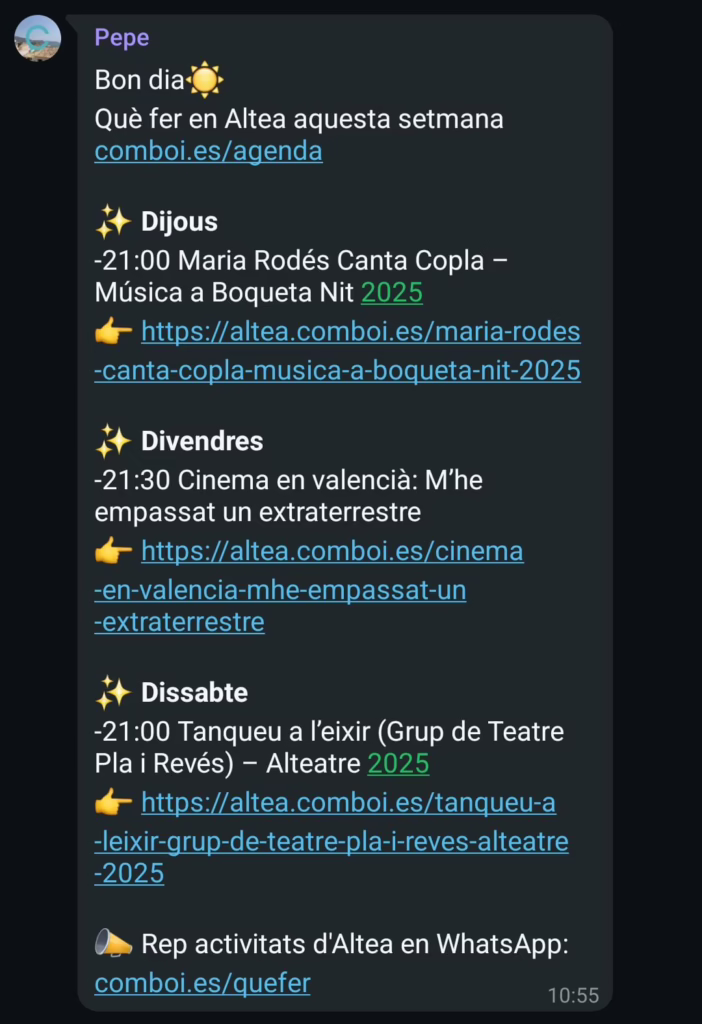 Resum setmanal automàtic de l’agenda alteana per WhatsApp: així funciona comboi.es/quefer