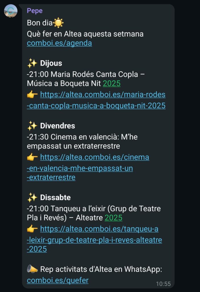 Resum setmanal automàtic de l’agenda alteana per WhatsApp: així funciona comboi.es/quefer
