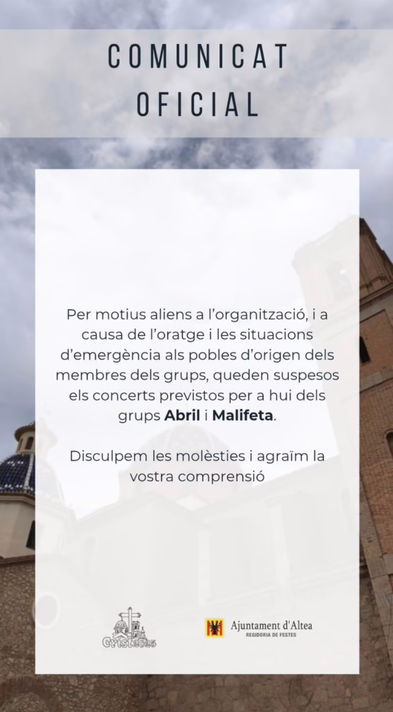 Suspesos els concerts d’esta nit del dilluns per la situació meteorològica a Altea