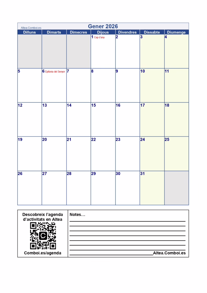 Altea Comboi publica el calendari laboral 2026 imprimible amb tots els festius de l’any Altea Comboi publica el calendari laboral 2026 imprimible amb tots els festius de l’any