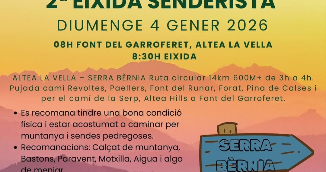 Amunt Altea Club organitza la 2a Eixida Senderista “Crematorrons” el 4 de gener de 2026 Amunt Altea Club organitza la 2a Eixida Senderista “Crematorrons” el 4 de gener de 2026