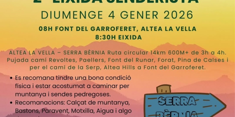 Amunt Altea Club organitza la 2a Eixida Senderista “Crematorrons” el 4 de gener de 2026 Amunt Altea Club organitza la 2a Eixida Senderista “Crematorrons” el 4 de gener de 2026