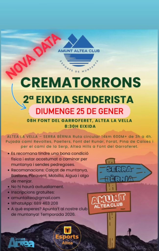 Amunt Altea Club organitza la 2a Eixida Senderista “Crematorrons” el 25 de gener