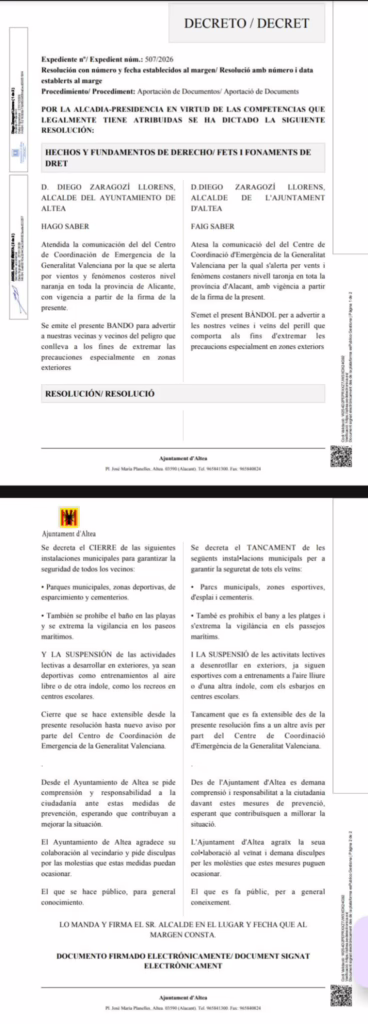 Altea decreta el tancament d’instal·lacions municipals i la suspensió d’activitats exteriors per l’alerta taronja per vents i fenòmens costaners Altea decreta el tancament d’instal·lacions municipals i la suspensió d’activitats exteriors per l’alerta taronja per vents i fenòmens costaners