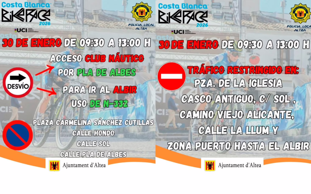Restriccions de trànsit demà divendres a Altea per la Costa Blanca Bike Race 2026 Restriccions de trànsit demà divendres a Altea per la Costa Blanca Bike Race 2026