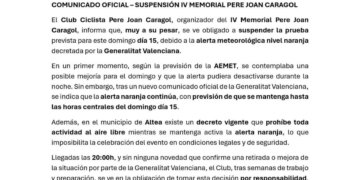 Suspés l’IV Memorial Pere Joan Caragol d’Altea per l’alerta meteorològica