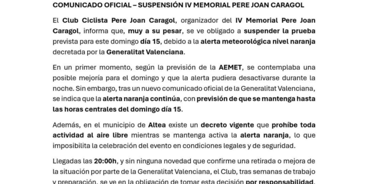 Suspés l’IV Memorial Pere Joan Caragol d’Altea per l’alerta meteorològica Suspés l’IV Memorial Pere Joan Caragol d’Altea per l’alerta meteorològica
