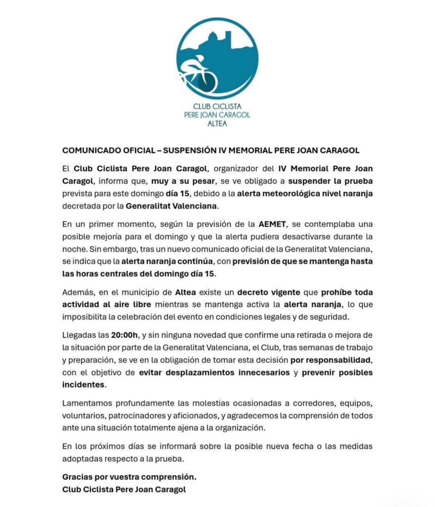 Suspés l’IV Memorial Pere Joan Caragol d’Altea per l’alerta meteorològica