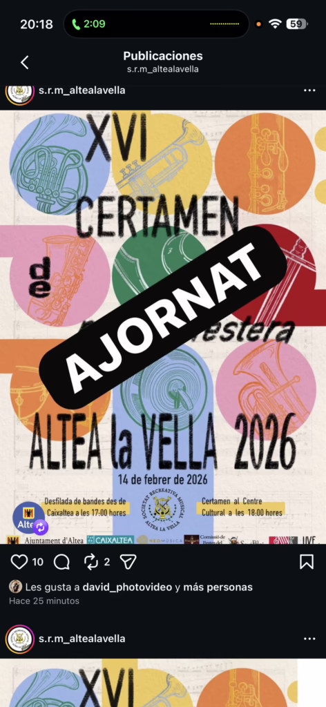 Ajornat el XVI Certamen de Música Festera d’Altea la Vella per motius meteorològics