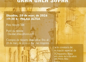 La Gran Gala-Sopar dels Premis Altea 2026 se celebrarà el 28 de març al Palau Altea. Entrades diponibles