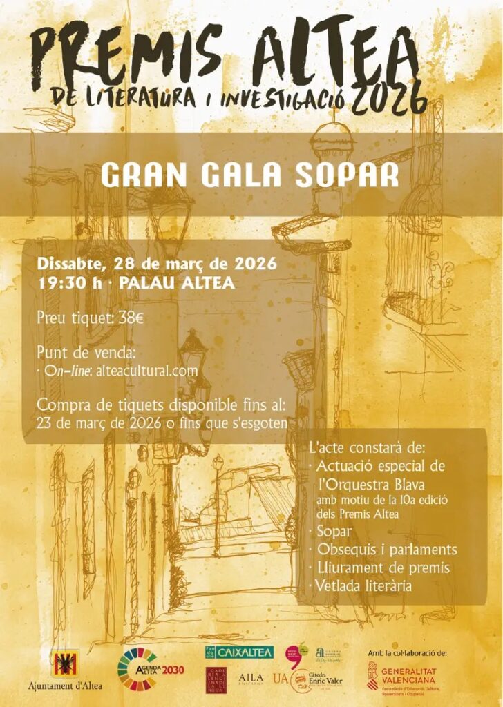 La Gran Gala-Sopar dels Premis Altea 2026 se celebrarà el 28 de març al Palau Altea. Entrades diponibles