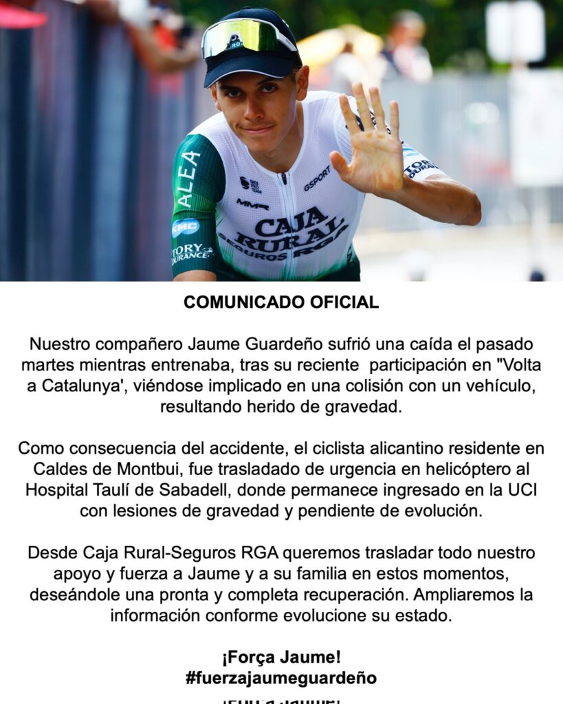 Jaume Guardeño, l’alteà jove promesa del ciclisme nacional, sedat en la UCI en estat greu per un accident