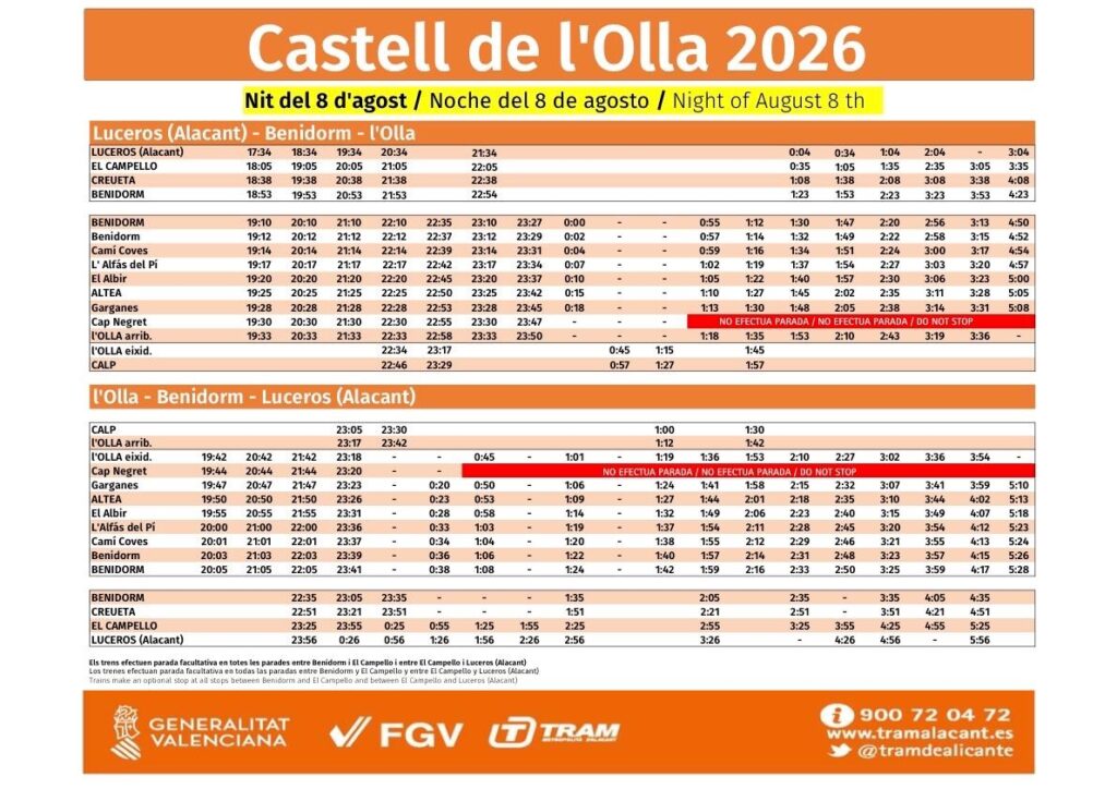 El TRAM reforça el servei per al Castell de l’Olla 2026 amb horaris especials durant tota la nit