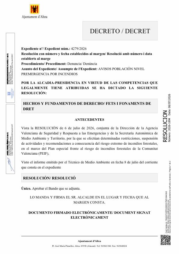 Altea prohibix l’accés als terrenys forestals i suspén diverses activitats davant el risc extrem d’incendis