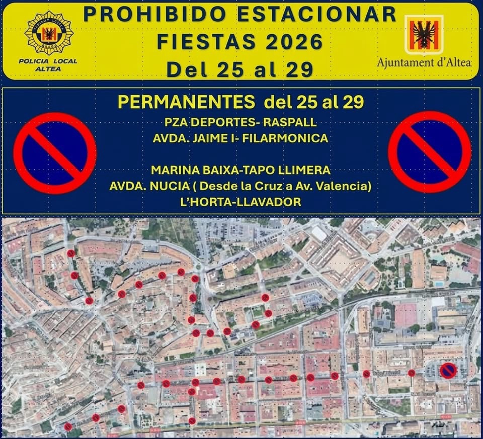Aquests són els carrers on no es podrà aparcar durant les Festes d’Altea